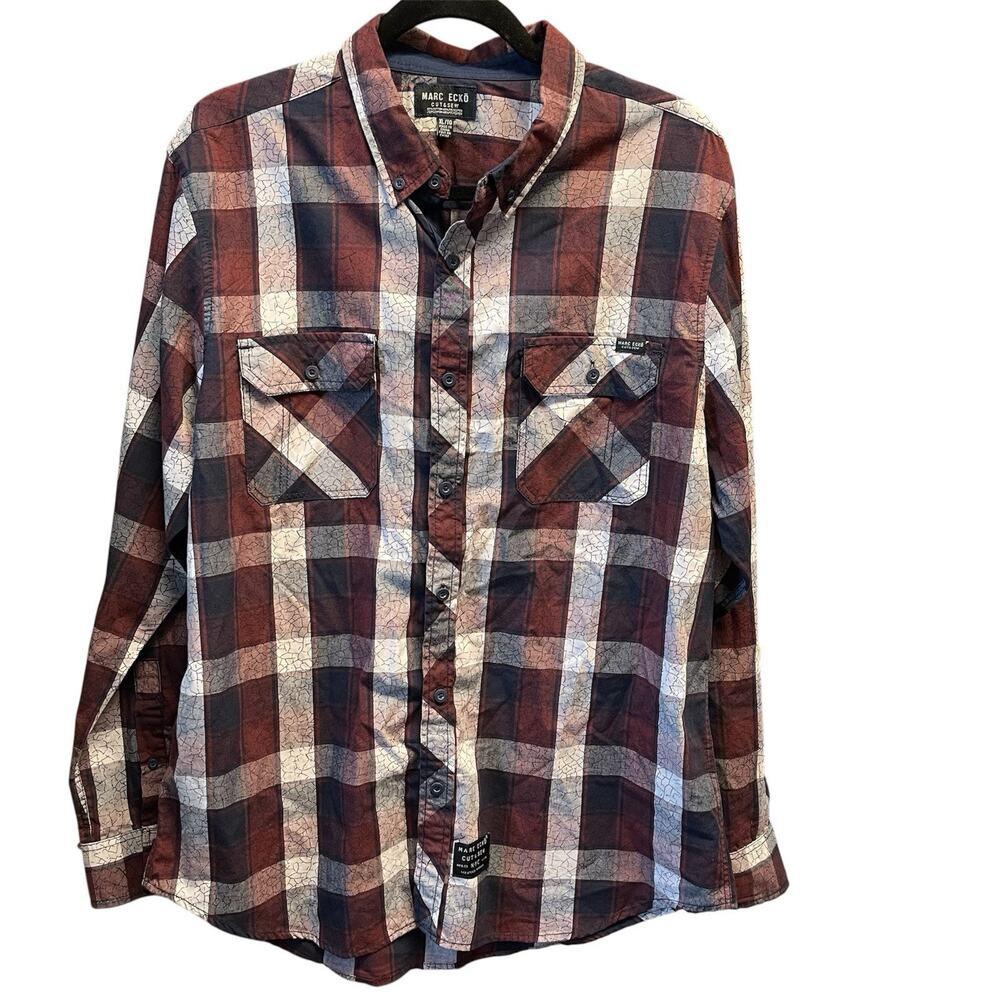 Marc Ecko Cut & Sew Long Sleeve Plaid Rust White Navy Button Down, Men Sz XL